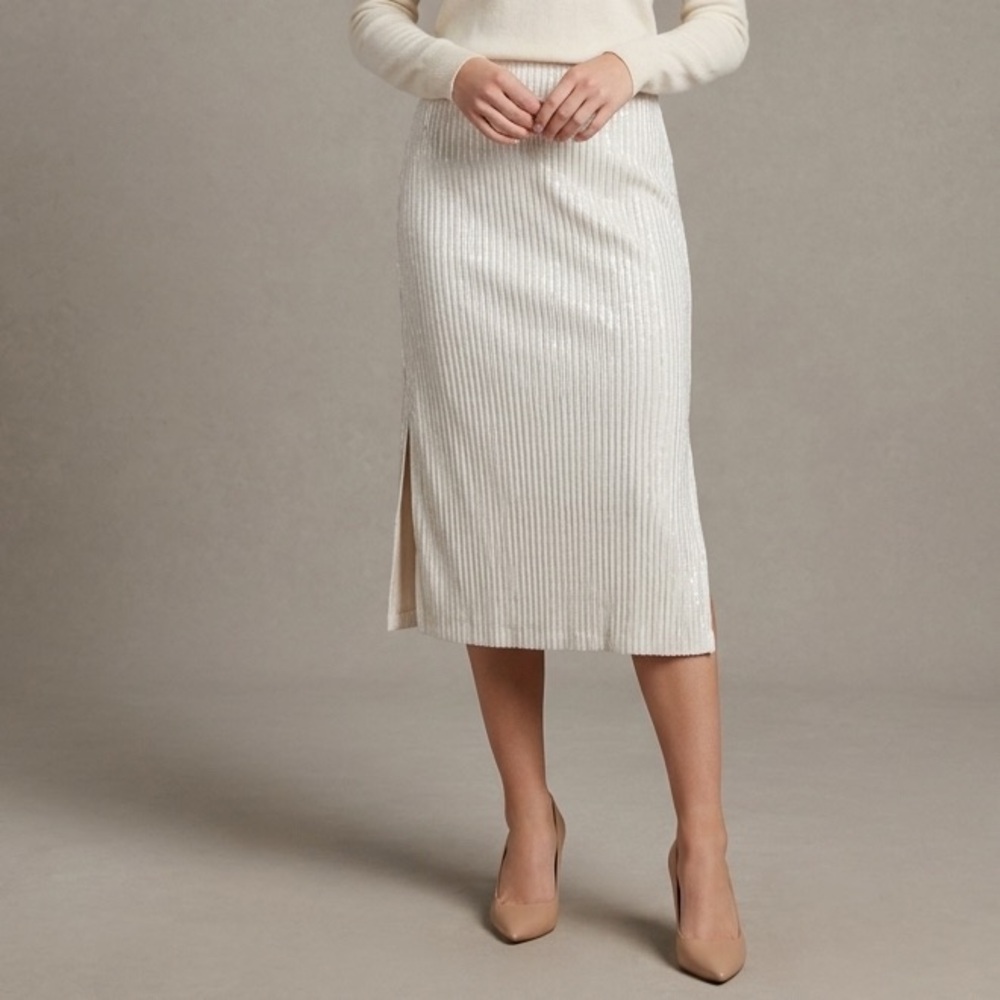 Zara Silver-White Ribbed Midi Skirt with Side Slit